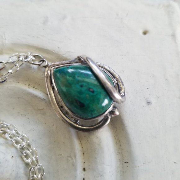 Teal Green Blue Agate Teardrop Gemstone & Sterling Necklace - Picture 8 of 14